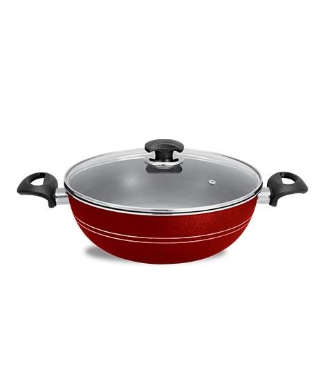 iShopping - King Bazar Two Side Handles Non Stick Wok With Glass Lid Red 32 cm