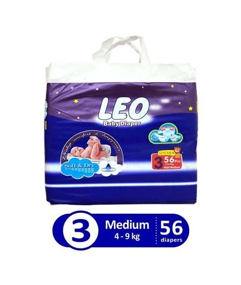 Leo Blue Baby Diaper Medium 4-9 KG Pack Of 56