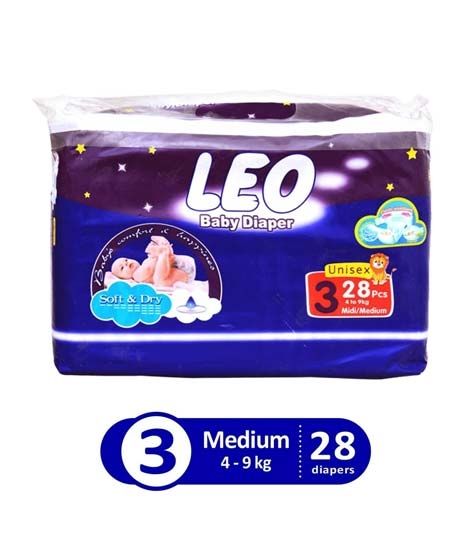 Leo Blue Baby Diaper Regular Medium 4-9 KG Pack Of 28