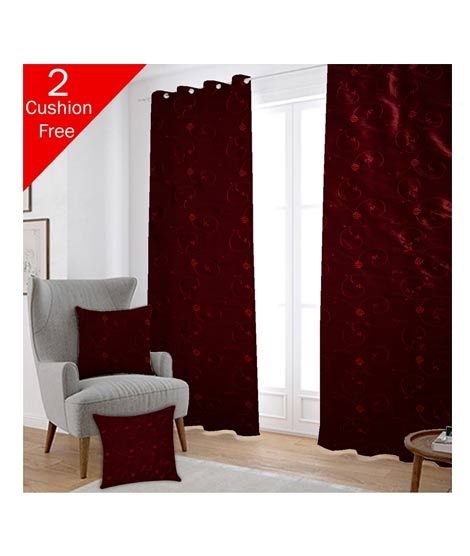 Maguari Taffeta Embriodery Curtain With Cushion Cover 2 Pcs Maroon