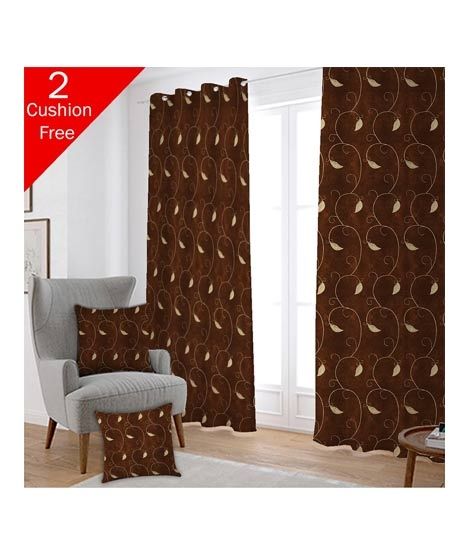 Maguari Taffeta Embriodery Curtain With Cushion Cover 2 Pcs Brown Leafs