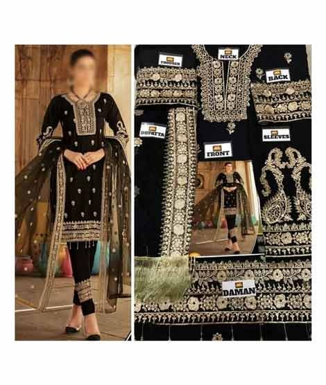 Mehakmall Embroidery Chiffon Party Wear Suit For Women Black