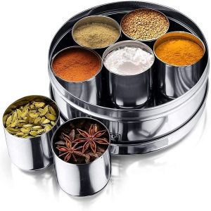 Promax Stainless Steel Double Lid Spice Masala Boxes - 7 pcs