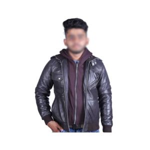 Toor Traders Biker Leather Jacket With Removable Hood For Men-Brown-Large