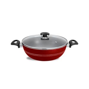 King Bazar Two Side Handles Non Stick Wok With Glass Lid Red 32 cm