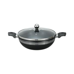 King Bazar Two Side Handles Non Stick Wok With Glass Lid Black 32 cm