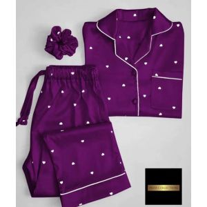 Pista Collection Most Demanding Heart Printed Silk Night Suit -Purple