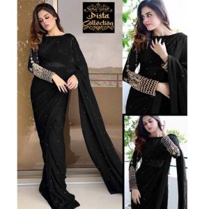 Pista Collection Multi Sequence Embroidery Saree-Black