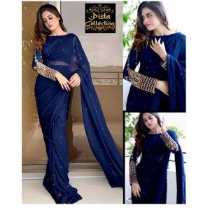 Pista Collection Multi Sequence Embroidery Saree-Blue