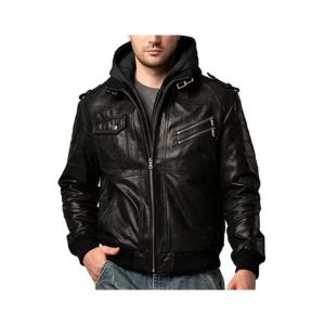 Toor Traders Leather Motorcycle Jacket Men with Removable Hood Black-Medium