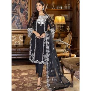 Azure Mystique Noir Organza Festive Unstitched 3 Piece Suit Black (MNAS91)