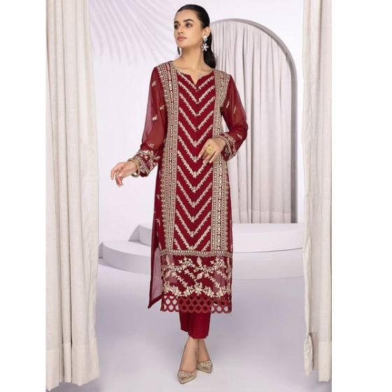 Azure Sangria Chiffon Festive Unstitched 2 Piece Suit Red (SGAZK175)