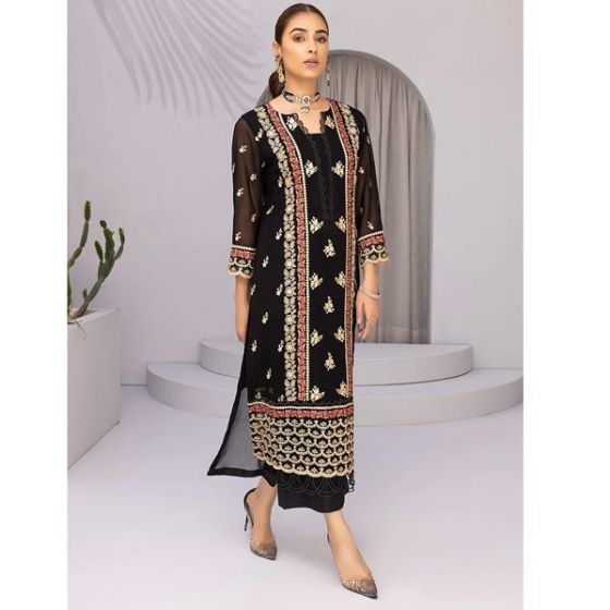 iShopping - Azure Floral Fiesta Chiffon Festive Unstitched 2 Piece Suit Black (FFAZK170)