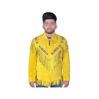 Toor Traders Handmade Fringe Leather Jacket For Men - Yellow-Medium